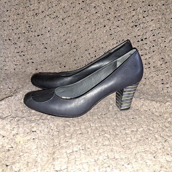 CAMPER TWINS-X & O-Black Leather-Blue/Grey Stripe Heels-Size 41-Excellent - Picture 2 of 8